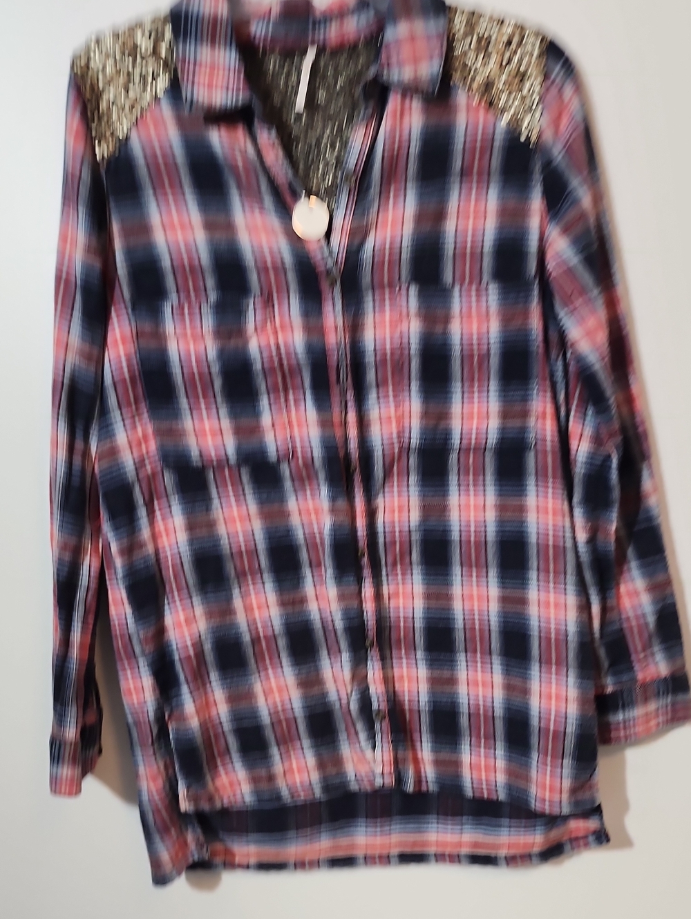 Free People Navy and Pink Plaid Button-Down with Gold Sequin Shoulders